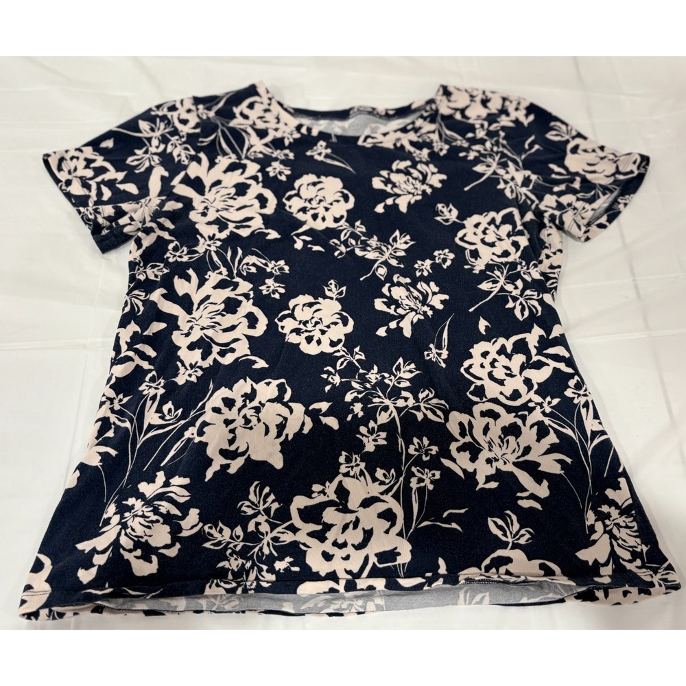 Ann Taylor Short Sleeve Round Neck Floral Navy and White T-Shirt‎ Women's Size M